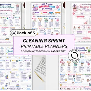 May include: A pack of five printable cleaning planners featuring colorful illustrations, checklists, and task sections. The pages include text such as ADHD-Friendly Cleaning Sprint Planner, Cleaning Reset Planner, and Pack of 5, with various icons.