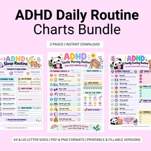 Puede incluir: Un paquete de tres tablas de rutina diaria para TDAH con ilustraciones coloridas de pandas y osos. Las páginas incluyen ADHD Sleep Routine, ADHD Gentle Morning Routine y ADHD Family Evening Routine con listas de verificación y notas.