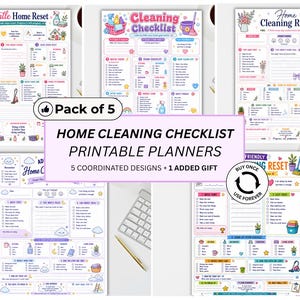 Op de afbeelding: Een set van vijf printbare schoonmaakchecklists en planners voor in huis, voorzien van kleurrijke illustraties, selectievakjes en georganiseerde secties voor dagelijkse, wekelijkse en maandelijkse taken, inclusief titels zoals Gentle Home Reset.
