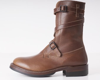 Handmade Men's Brown Leather Tanker Boots | Strap Buckle Military Boot