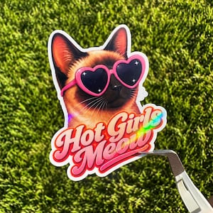 Hot Girls Meow Sticker | Siamese Cat Sticker | Cat Lover Sticker | Heart Sunglasses | Holographic Sticker