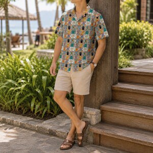 Puede incluir: Una camisa de manga corta con botones y un colorido patrón de patchwork de búhos estilizados en tonos azules, naranjas y amarillos. La camisa se combina con pantalones cortos beige lisos y sandalias de cuero marrón con dos tiras.