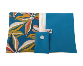 portefeuille femme turquoise fleurs exotiques , compagnon tout en un en simili cuir et tissu style jungle , porte monnaie , porte cartes