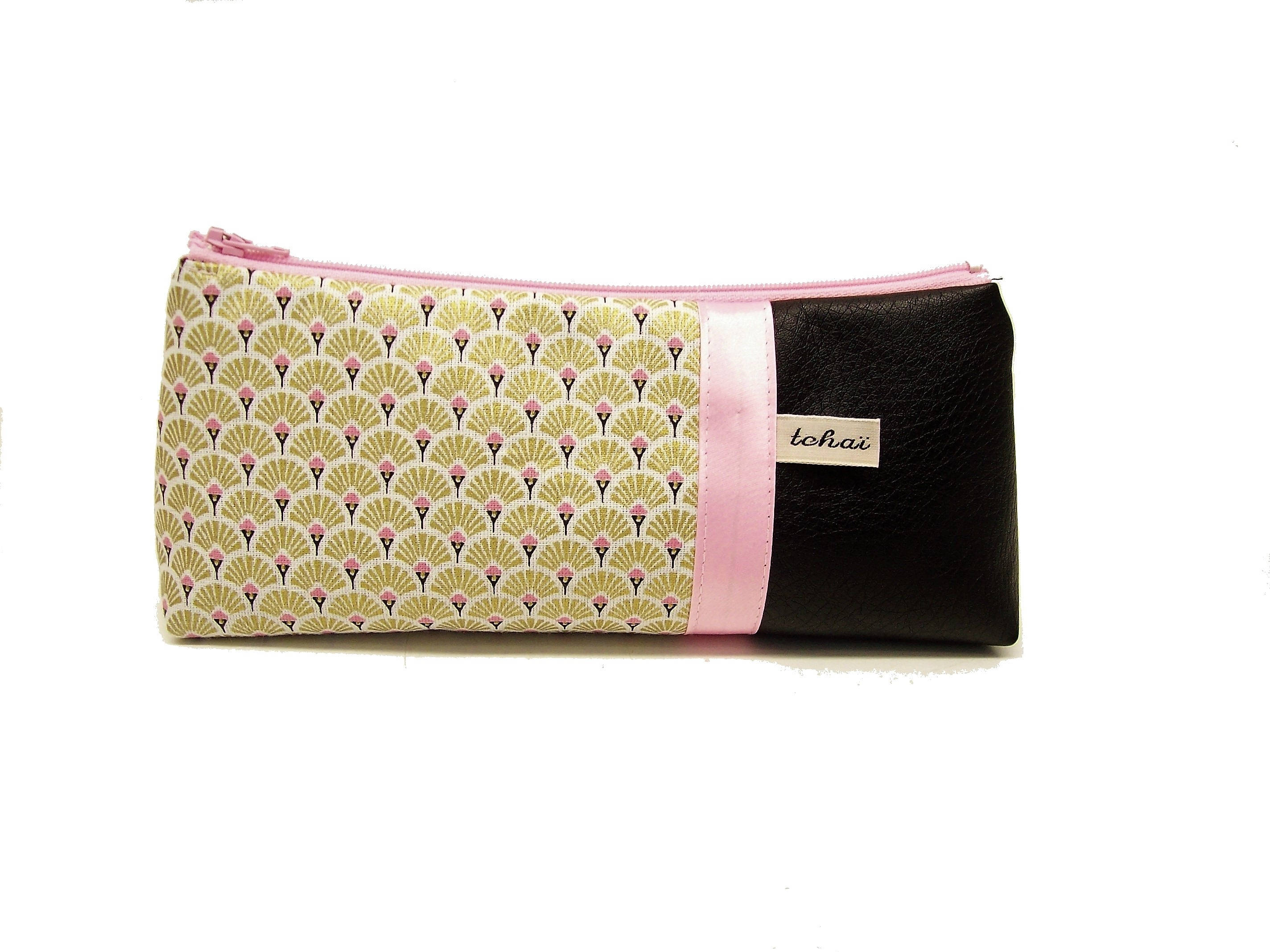 Trousse A Stylos Noir et Or Motifs Eventails , Fourre Tout Crayons en Simili Cuir Tissu Imprimé Grap
