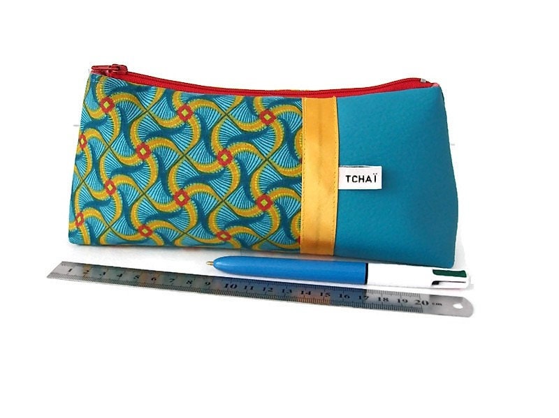 Trousse Scolaire Bleu Turquoise Wax, Fourre Tout A Stylos Vegan Ethnique Motif Graphique , Rentree D