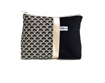 pochette fourre tout  noir et blanc style scandinave , trousse en toile a motifs graphiques , cadeau femme