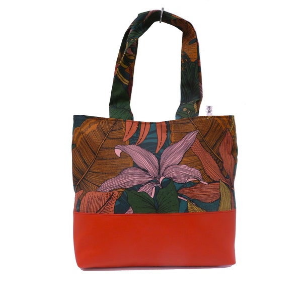 sac cabas terracotta jungle en simili cuir et toile, sac a main en tissu, tote bag , fourre tout vegan, sac de plage, sac femme