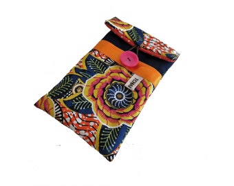 black and multicolored dahlia flower phone pouch, canvas and floral fabric laptop case, quilted iphone cover, glasses case