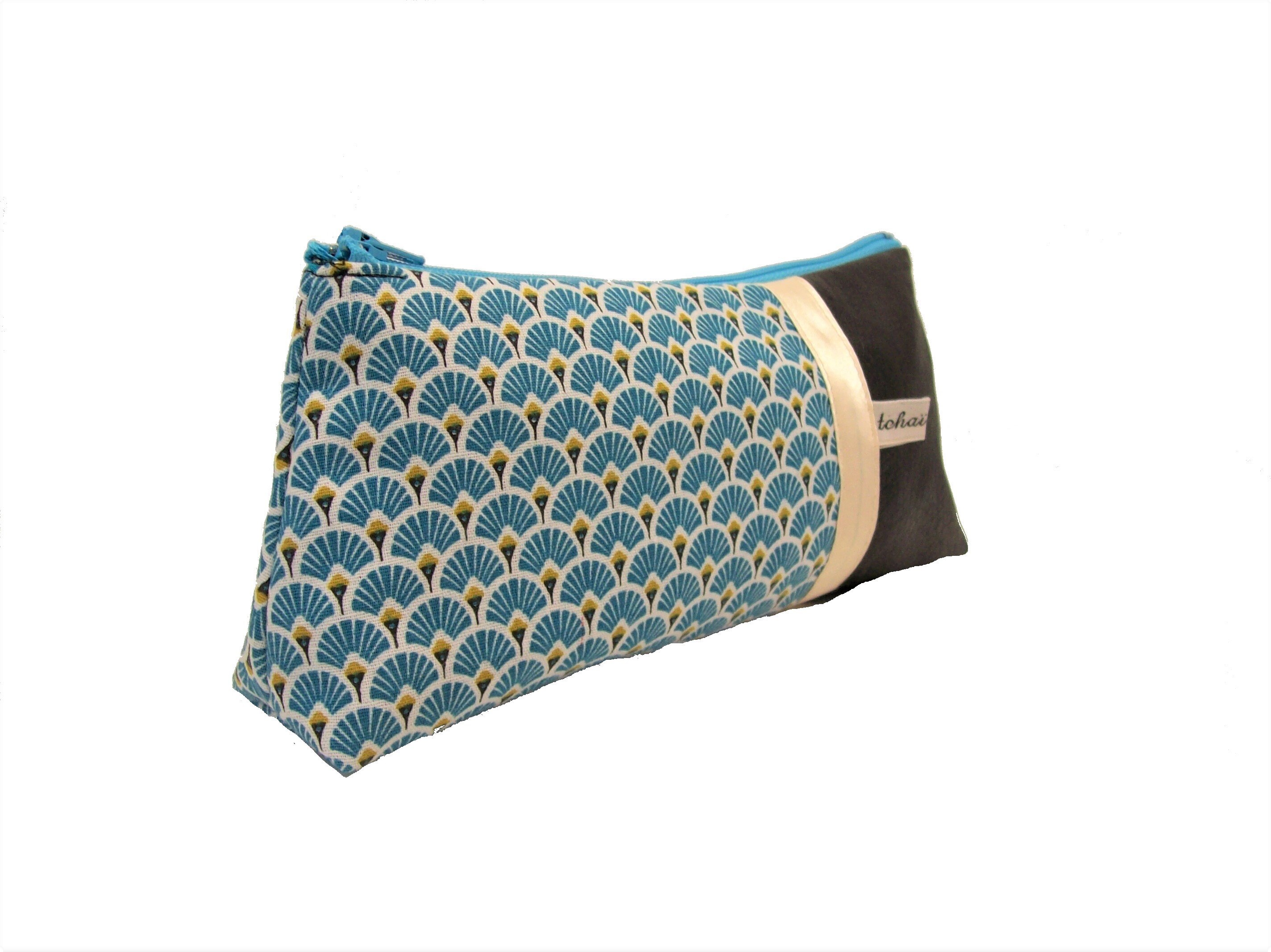 Trousse Scolaire Noir et Turquoise Motifs Eventails , Pochette A Crayons en Simili Cuir Tissu Japona