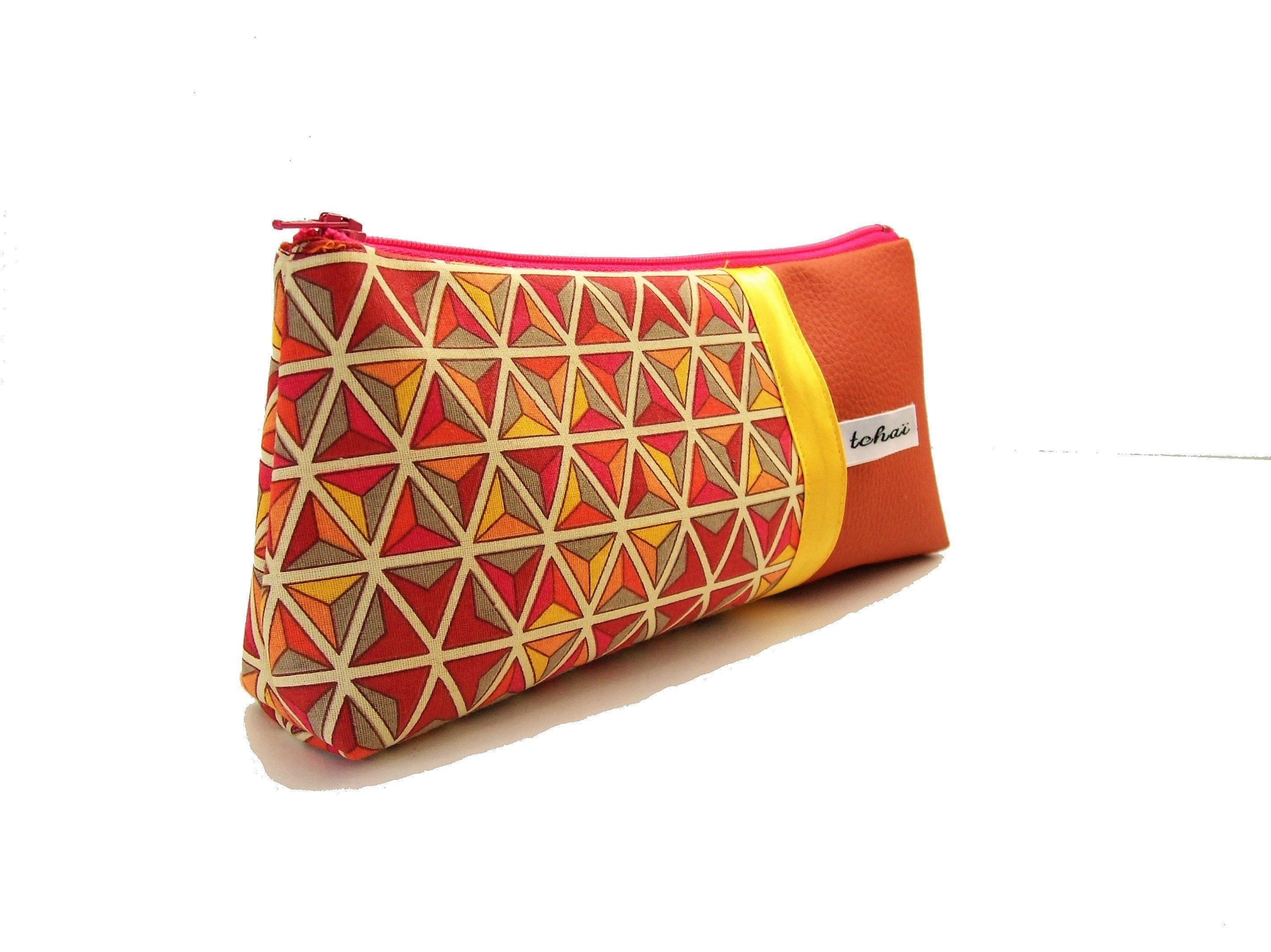 Trousse A Crayons Orange Motifs Geometriques , Fourre Tout Scolaire en Simili Cuir et Tissu Graphiqu
