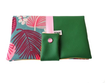 portefeuille femme vert fleurs exotiques , compagnon pochette tout en un en simili cuir et tissu style boheme, porte monnaie , porte cartes