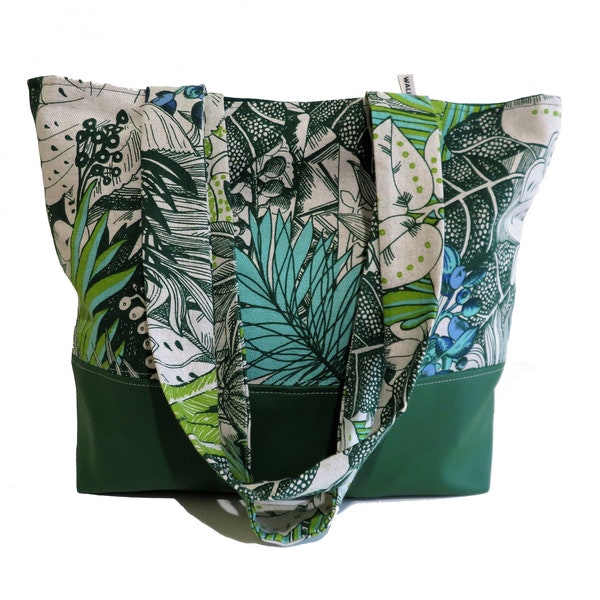 sac cabas feuilles jungle simili cuir et toile, sac a main en tissu d'ameublement , tote bag , fourre tout vegan , sac de plage, sac femme