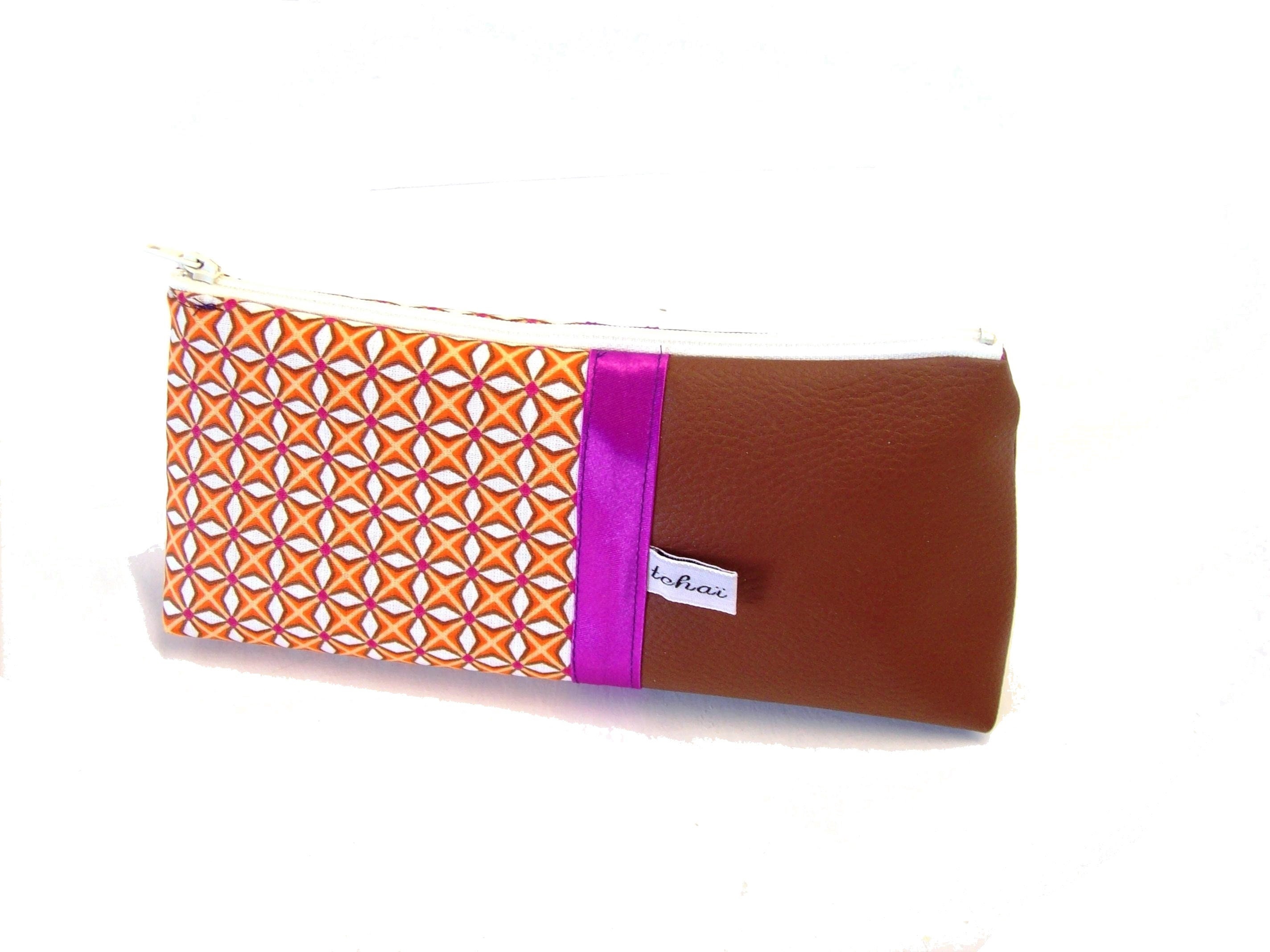Trousse A Crayons Marron et Oranges Motifs Etoiles , Fourre Tout Scolaire en Simili Cuir Tissu Impri