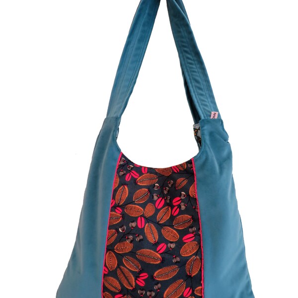 sac fourre tout  velours bleu canard grains de café , cabas épaule en tissu ,sac a main tissu imprimé végétal, cadeau femme , made in france