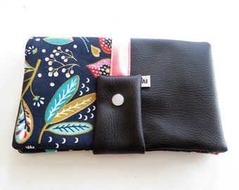 portefeuille femme noir feuilles boheme, porte monnaie tout en un en simili cuir et tissu a motifs fleuris , porte chequier et cartes