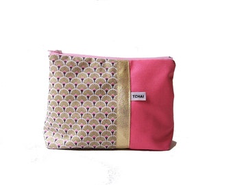pink and gold makeup pouch eventail patterns, canvas and fabric kit art deco style, sheath any graphic woman, girl pouch