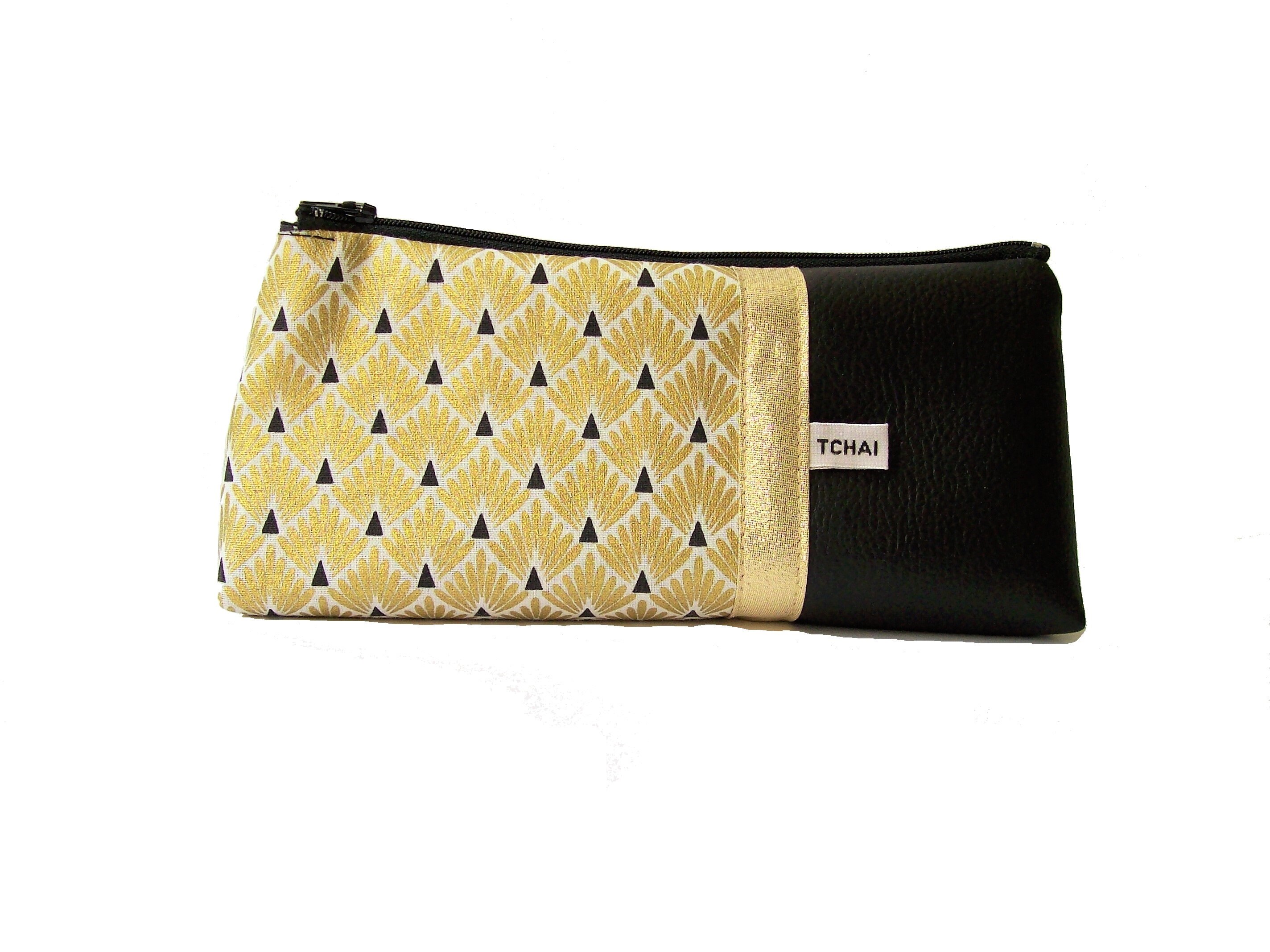 Trousse A Stylos Noir et Or Motifs Art Deco , Fourre Tout Crayons en Simili Cuir Tissu Imprimé Graph