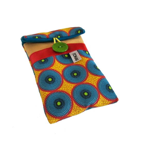 pochette téléphone ou étui lunettes femme jaune wax mandala , housse iphone tissu molletonné , cadeau