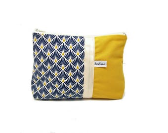 yellow and navy blue makeup pouch Scandinavian style, women's kit in canvas and graphic fabric, tote all zipped geometric pattern