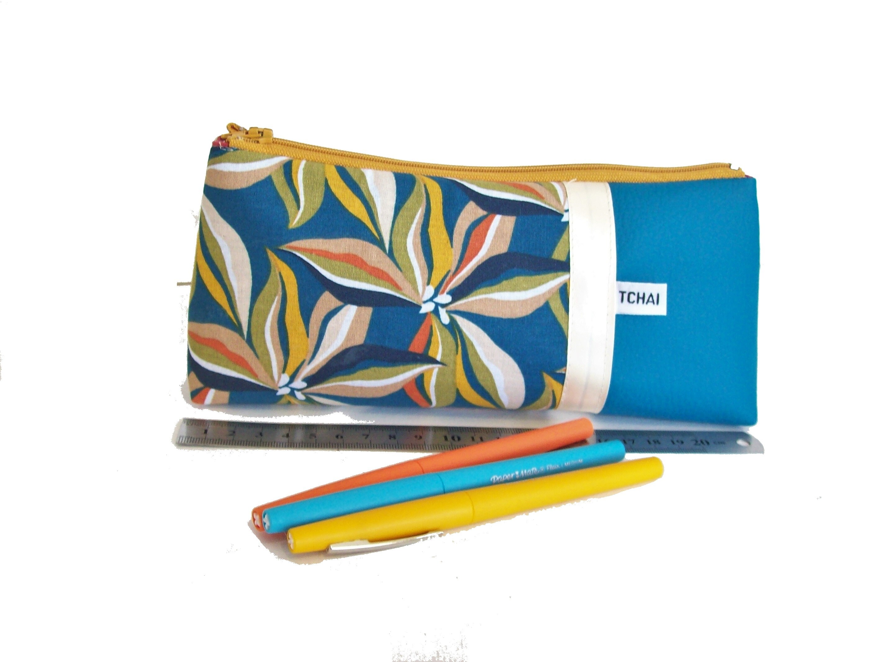 Trousse Scolaire Bleu Canard Fleurs Exotiques, Trousse A Crayons en Simili Cuir et Tissu , Fourre To