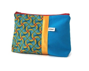 pochette maquillage wax helice turquoise , trousse en tissu ethnique , fourre tout zippé femme , rangement de sac , cadeau pour elle