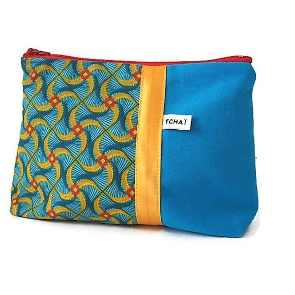 pochette maquillage wax helice turquoise , trousse en tissu ethnique , fourre tout zippé femme , rangement de sac , cadeau pour elle