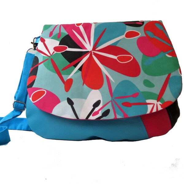 sac bandouliere femme  turquoise fleur exotique, pochette en simili cuir et tissu , sac a main, cadeau fete des meres