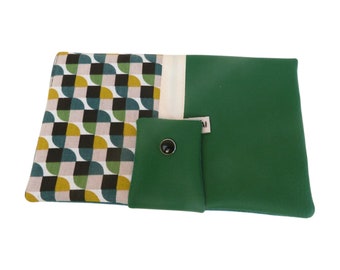 portefeuille vert graphique, compagnon pochette tout en un en simili cuir et tissu style vintage, porte monnaie , porte cartes