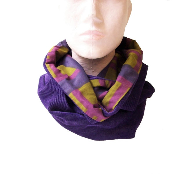 snood woman purple velvet and fabric tiles, reversible infinite scarf, women's neck strap, winter collar, Christmas gift