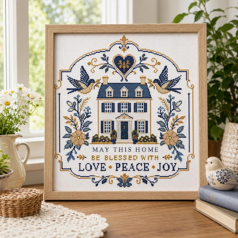 Puede incluir: Un bordado en punto de cruz enmarcado que presenta una ilustraci&oacute;n de una casa, dos p&aacute;jaros, motivos florales y el texto "MAY THIS HOME BE BLESSED WITH LOVE PEACE JOY" en hilo azul y dorado sobre tela blanca en un marco de madera clara.