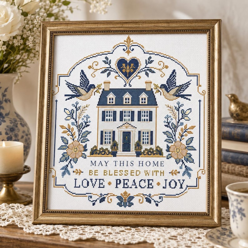 Puede incluir: Un bordado en punto de cruz enmarcado que presenta una ilustraci&oacute;n central de una casa rodeada de p&aacute;jaros, motivos florales y un coraz&oacute;n. El texto dice: MAY THIS HOME BE BLESSED WITH LOVE PEACE JOY. El dise&ntilde;o usa hilos azules, dorados y blancos.