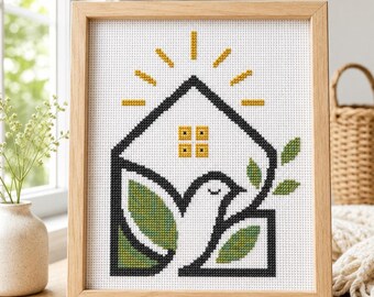 Patrón de punto de cruz de naturaleza en PDF - Diseño moderno de paloma para casita de pájaros