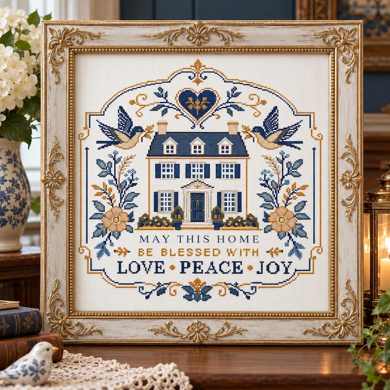 Puede incluir: Un bordado de punto de cruz cuadrado en un marco dorado ornamentado con una casa, p&aacute;jaros y motivos florales. El texto dice: MAY THIS HOME BE BLESSED WITH LOVE PEACE JOY. El dise&ntilde;o utiliza hilo azul, dorado y blanco sobre tela blanca.