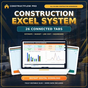Puede incluir: Sistema de construcción en Excel ConstructFlow Pro con 26 pestañas conectadas para presupuesto, costes de obra y panel de control. El libro de trabajo digital incluye un panel ejecutivo con gráficos de barras, líneas y tablas de datos.