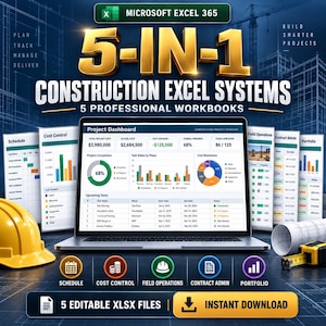Puede incluir: Una pantalla de producto digital para 5-in-1 Construction Excel Systems con un portátil que muestra un panel de control de proyectos. Incluye un casco amarillo, un plano enrollado y una cinta métrica sobre un fondo de cuadrícula azul.