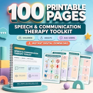 May include: A speech and communication therapy toolkit featuring 100 printable pages. The set includes a spiral-bound manual and several communication boards with icons for children, adults, and AAC users, displayed with colourful geometric shapes.