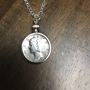 UPCYCLED Silver Mercury Dime Coin Silver plated Chain Included