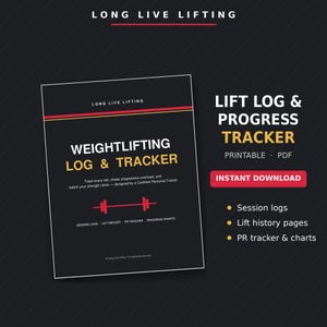 May include: A black weightlifting log and tracker document with red and yellow accents. The cover features the text "LONG LIVE LIFTING" and "WEIGHTLIFTING LOG & TRACKER" with a red barbell icon. It includes sections for session logs, lift history, and progress charts.