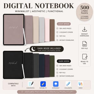 May include: A digital notebook set featuring 500 lined pages and 5 covers in both light and dark modes. The display shows tablets with stylus pens, PDF file icons, and compatibility logos for Goodnotes, Notability, Noteshelf, Collanote, and Xodo.