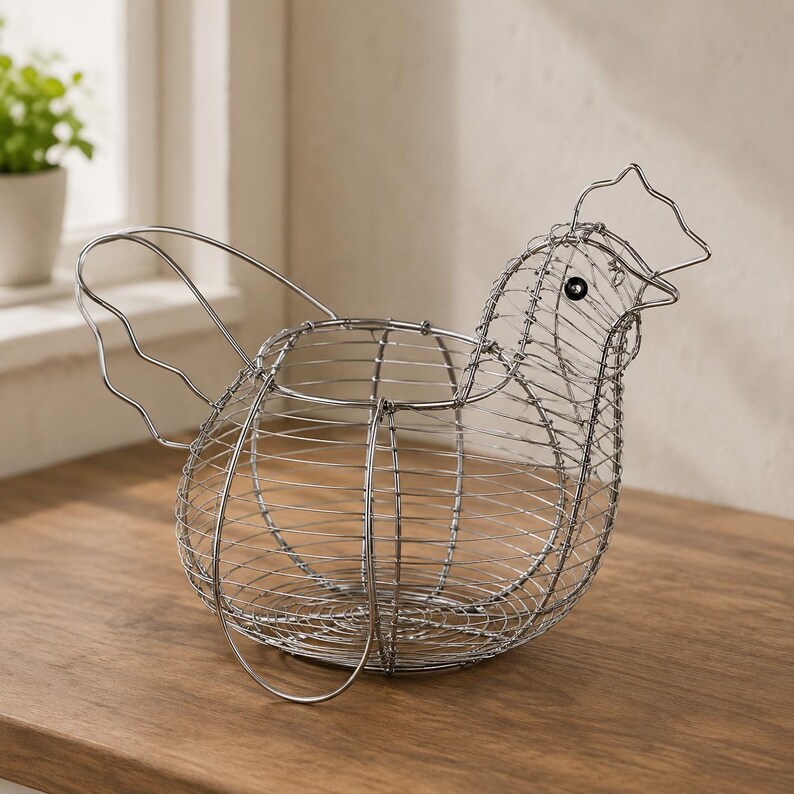 May include: A silver-colored wire basket shaped like a chicken, featuring a rounded body made of thin metal mesh, a defined tail section, and a head with a prominent comb and a single dark bead eye, designed for holding various small items.