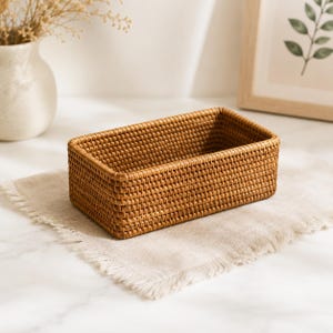May include: A rectangular storage basket crafted from woven light brown rattan. The basket features a consistent, tight grid-like weave pattern throughout its structure, with a flat base and vertical sides forming an open, hollow container.