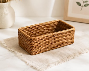 Handwoven Rectangular Rattan Storage Basket, Wicker Organizer for Kitchen, Bath