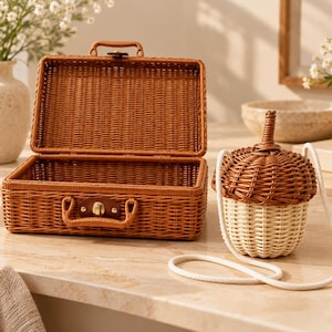 May include: A rectangular brown woven wicker suitcase with a metal latch and handle, positioned next to a small acorn-shaped basket bag featuring a two-tone brown and cream woven design with a long white rope shoulder strap for carrying.