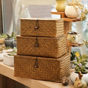 May include: A stack of three rectangular woven seagrass storage baskets with lids. Each basket features a brown finish and a central closure mechanism consisting of a black elastic cord looped over a small, dark brown wooden toggle button.