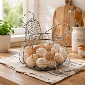 May include: A silver-colored wire basket shaped like a chicken, filled with numerous brown and white chicken eggs. The basket features a wire frame construction with a distinct head, tail, and wing outline, designed to hold and display eggs.