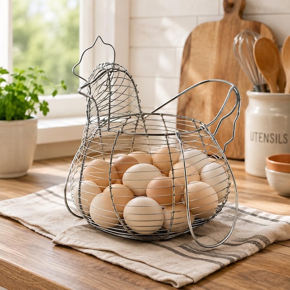 Metal Wire Hen Egg Basket, Farmhouse Kitchen Countertop Storage