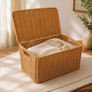 May include: A rectangular storage basket with a woven light brown finish and an attached upright lid. The basket features integrated side handles and contains a folded, textured beige fabric item inside, providing a structured storage solution.