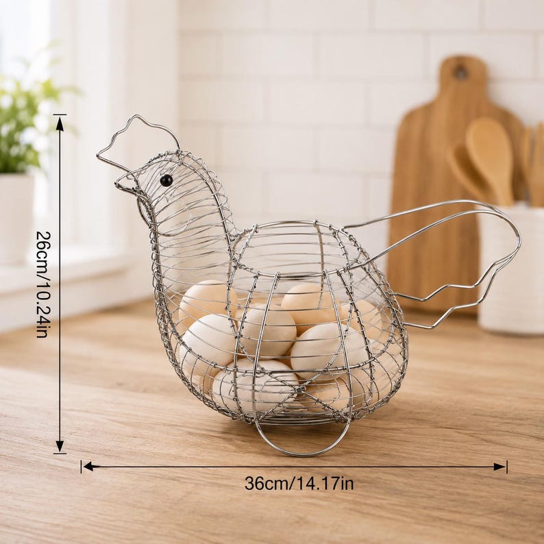 May include: A silver-colored wire egg basket shaped like a chicken, containing several light-colored eggs. The basket features a wire frame with a height of 10.24 inches and a width of 14.17 inches, as indicated by the visible measurement lines.