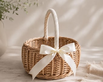 Handwoven Wicker Flower Basket, Rustic Wedding Picnic Storage (With Handle)