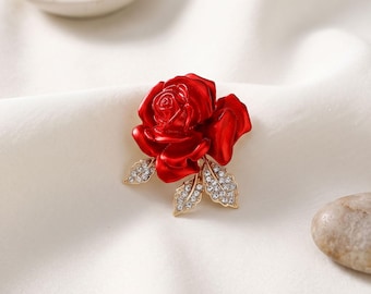 Rote Rose Brosche, Kristall Rose Blumen Brosche, Vintage Blumen Revers Pin, Elegante Rote Emaille Rose Pin, Romantische Schmuck Geschenk für Sie